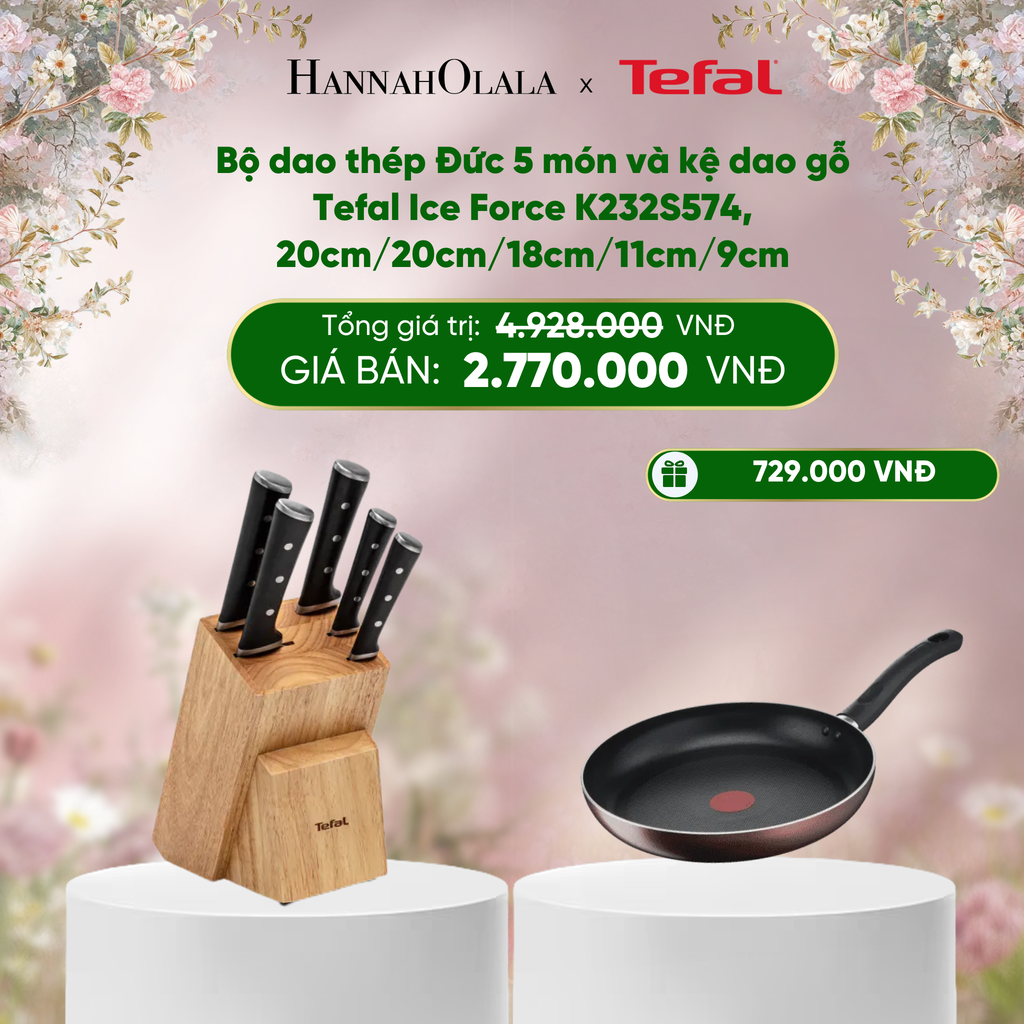  E285_DEAL 19: BỘ DAO THÉP ĐỨC 5 MÓN VÀ KỆ DAO GỖ TEFAL ICE FORCE K232S574, 20CM/20CM/18CM/11CM/9CM 