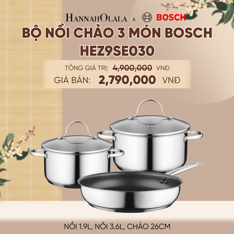  BỘ NỒI CHẢO 3 MÓN BOSCH HEZ9SE030 - NỒI 1.9L, NỒI 3.6L, CHẢO 26CM - A1300 