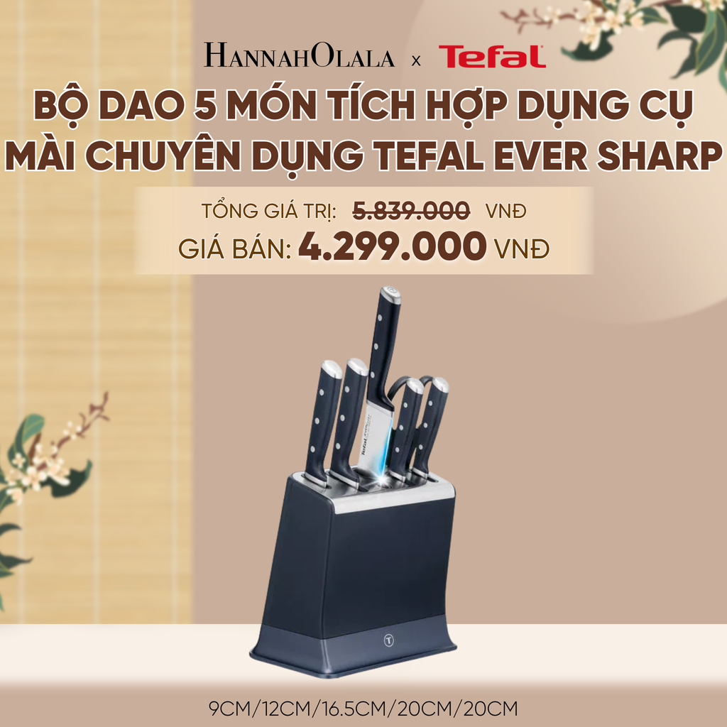  [MỚI] BỘ DAO 5 MÓN TÍCH HỢP DỤNG CỤ MÀI CHUYÊN DỤNG TEFAL EVER SHARP K297S644, 9CM/12CM/16.5CM/20CM/20CM - A629 