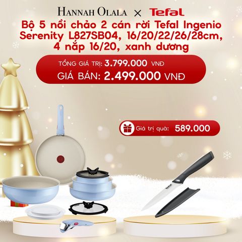  A1172_DEAL 12.1: BỘ 5 NỒI CHẢO 2 CÁN RỜI TEFAL INGENIO SERENITY L827SB04, 16/20/22/26/28CM, 4 NẮP 16/20, XANH DƯƠNG 