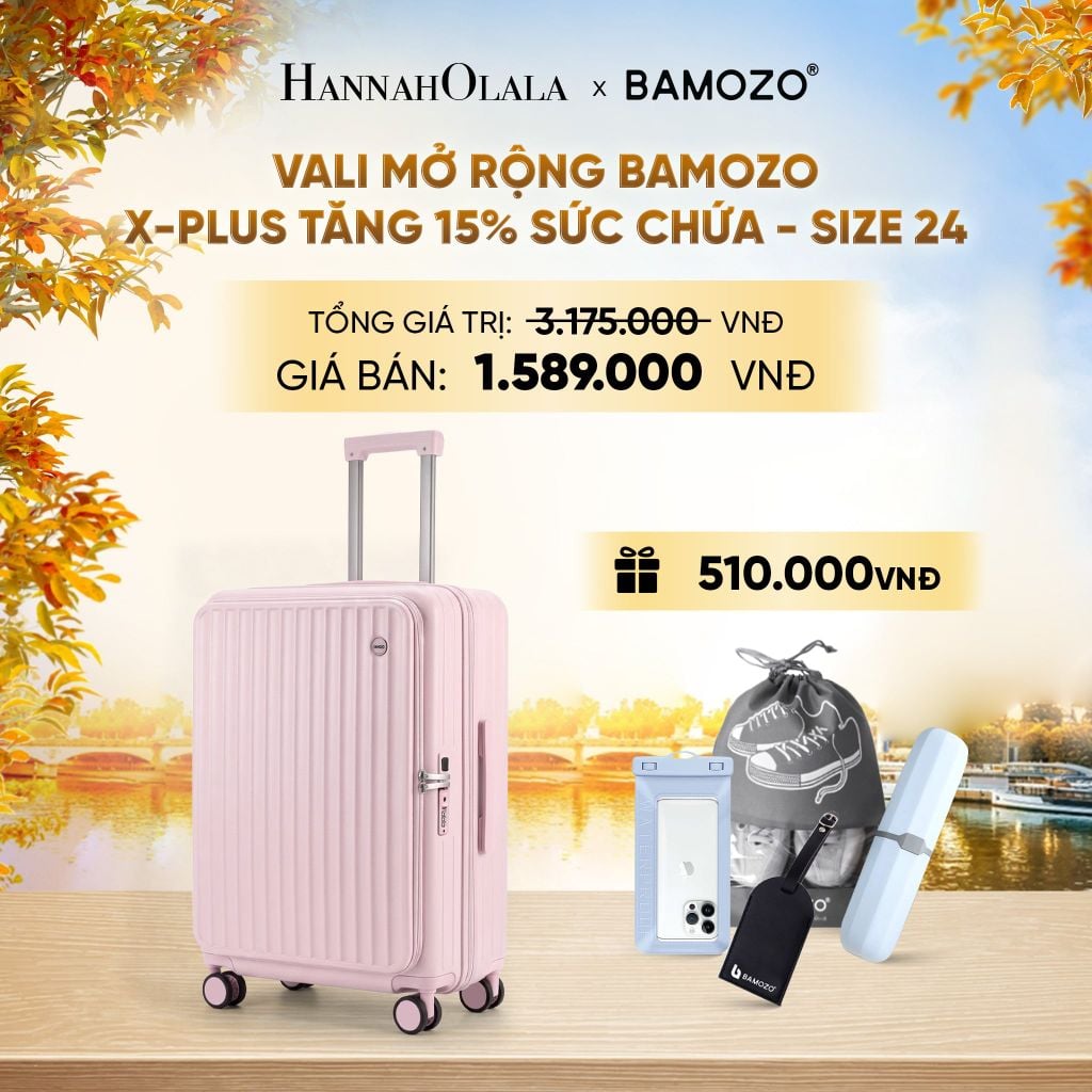 DEAL 10: VALI MỞ RỘNG BAMOZO X-PLUS TĂNG 15% SỨC CHỨA, NHỰA PC NGUYÊN KHỐI ( (TẶNG TAG VALI DA + TÚI ĐỰNG ĐIỆN THOẠI CHỐNG NƯỚC + TÚI ĐỰNG GIÀY + HỘP ĐỰNG BÀN CHẢI) - E1935 