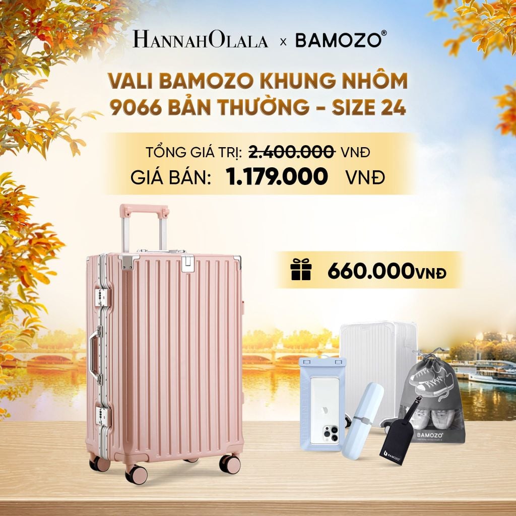  DEAL 3: VALI BAMOZO KHUNG NHÔM 9066 BẢN THƯỜNG (TẶNG BỌC VALI TRONG SUỐT + TAG HÀNH LÝ DA + TÚI ĐỰNG GIÀY + HỘP ĐỰNG BÀN CHẢI + TÚI ĐỰNG ĐIỆN THOẠI CHỐNG NƯỚC) - E1253 