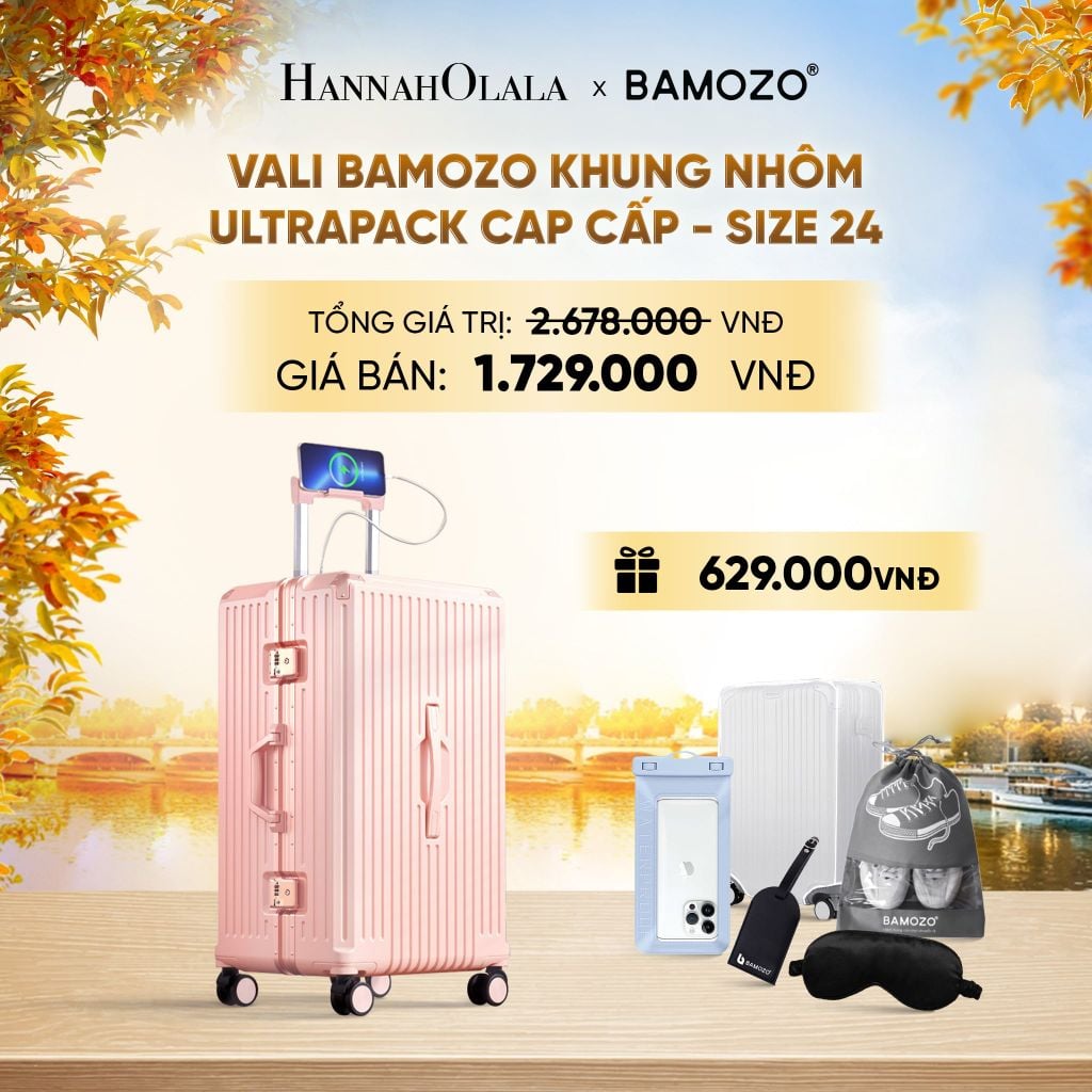  DEAL 4: VALI BAMOZO KHUNG NHÔM ULTRAPACK CAO CẤP (TẶNG TÚI ĐỰNG GIÀY + BỌC VALI CC TRONG SUỐT + THẺ TAG DA CHỐNG THẤT LẠC + BỊT MẮT LỤA + TÚI ĐỰNG ĐIỆN THOẠI CHỐNG NƯỚC) - E1271 