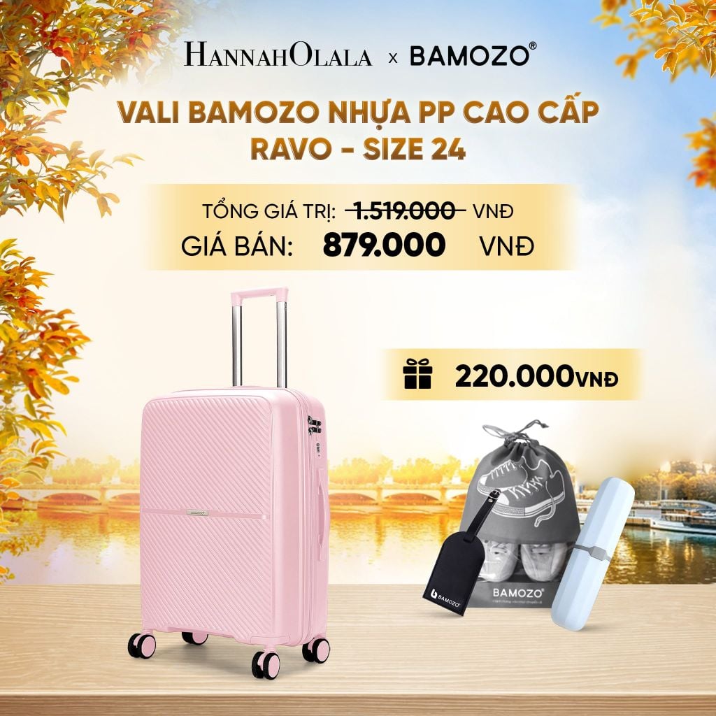  DEAL 6: VALI BAMOZO RAVO NHỰA PP CAO CẤP CHỐNG VỠ (TẶNG THẺ TAG DA CHỐNG THẤT LẠC + TÚI ĐỰNG GIÀY XÁM + HỘP ĐỰNG BÀN CHẢI) - E1290 
