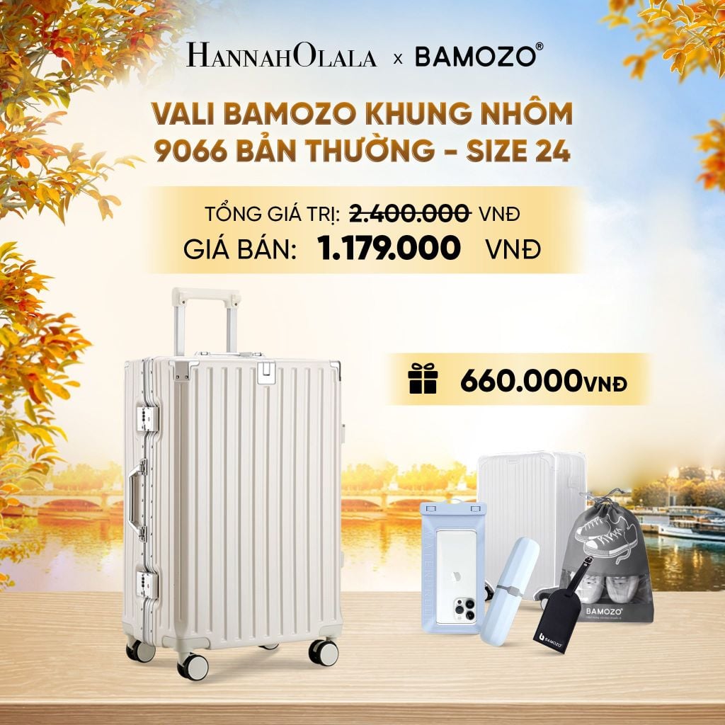  DEAL 3: VALI BAMOZO KHUNG NHÔM 9066 BẢN THƯỜNG (TẶNG BỌC VALI TRONG SUỐT + TAG HÀNH LÝ DA + TÚI ĐỰNG GIÀY + HỘP ĐỰNG BÀN CHẢI + TÚI ĐỰNG ĐIỆN THOẠI CHỐNG NƯỚC) - E1253 
