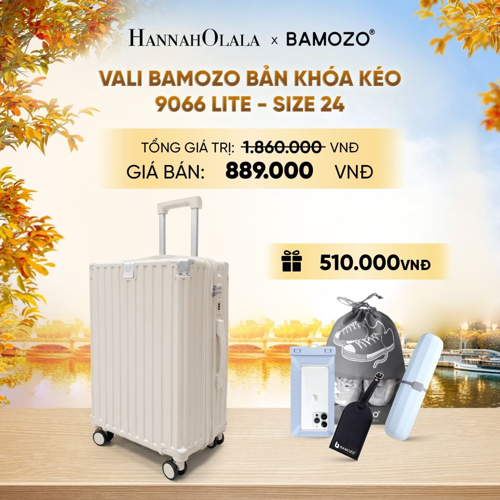  DEAL 12: VALI BAMOZO 9066 LITE CAO CẤP BẢN KHÓA KÉO ( (TẶNG TAG VALI DA + TÚI ĐỰNG ĐIỆN THOẠI CHỐNG NƯỚC + TÚI ĐỰNG GIÀY + HỘP ĐỰNG BÀN CHẢI) - E1954 