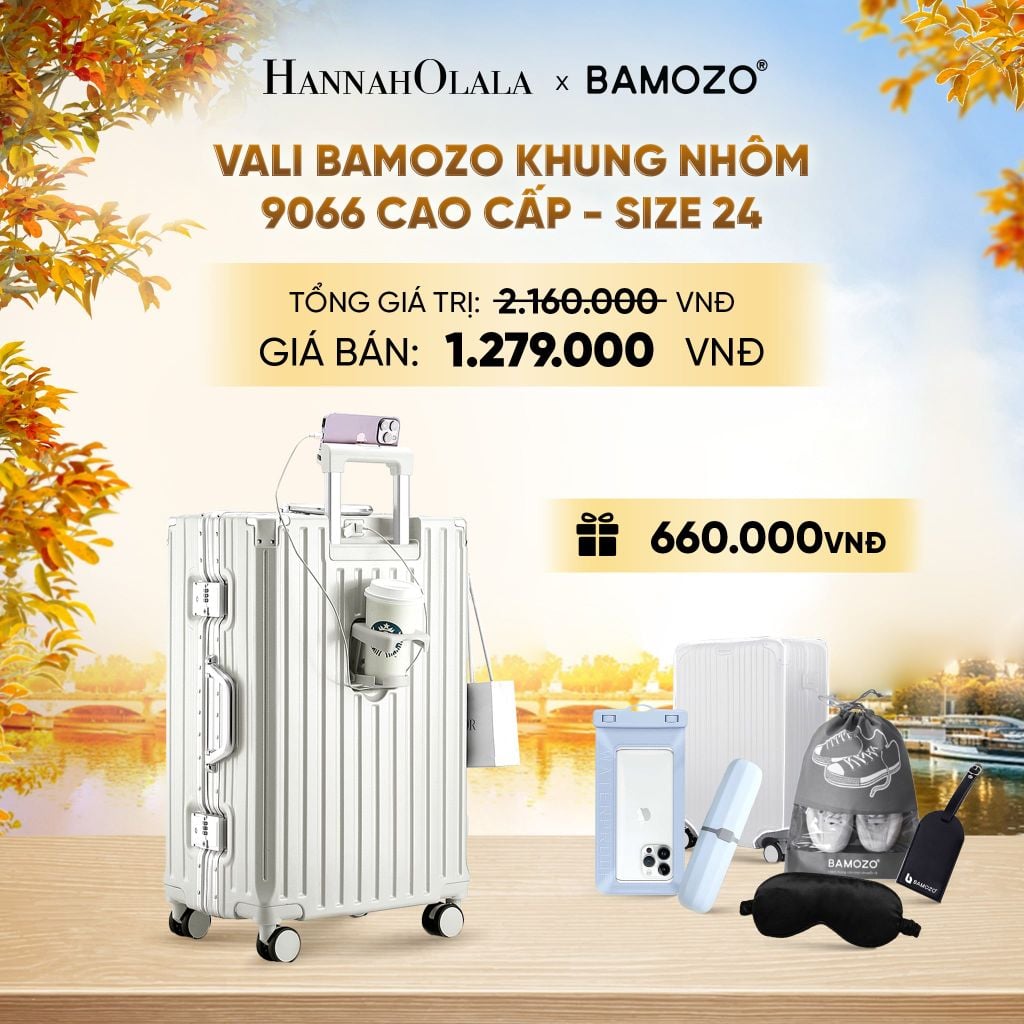  DEAL 2: VALI BAMOZO KHUNG NHÔM 9066 BẢN CAO CẤP (TẶNG BỌC VALI CC TRONG SUỐT + HỘP ĐỰNG BÀN CHẢI + TÚI ĐỰNG GIÀY XÁM + TÚI ĐỰNG ĐIỆN THOẠI CHỐNG NƯỚC + BỊT MẮT) - E1988 