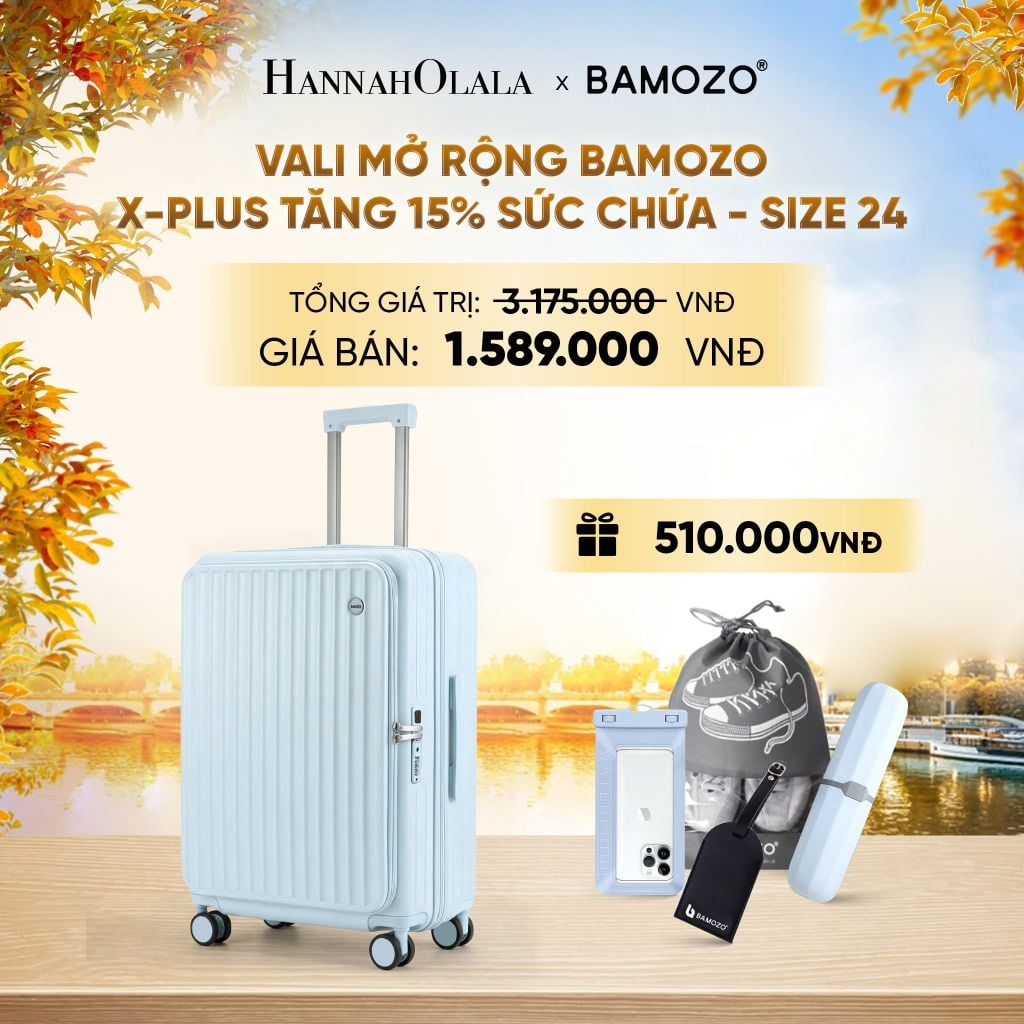 DEAL 10: VALI MỞ RỘNG BAMOZO X-PLUS TĂNG 15% SỨC CHỨA, NHỰA PC NGUYÊN KHỐI ( (TẶNG TAG VALI DA + TÚI ĐỰNG ĐIỆN THOẠI CHỐNG NƯỚC + TÚI ĐỰNG GIÀY + HỘP ĐỰNG BÀN CHẢI) - E1935 