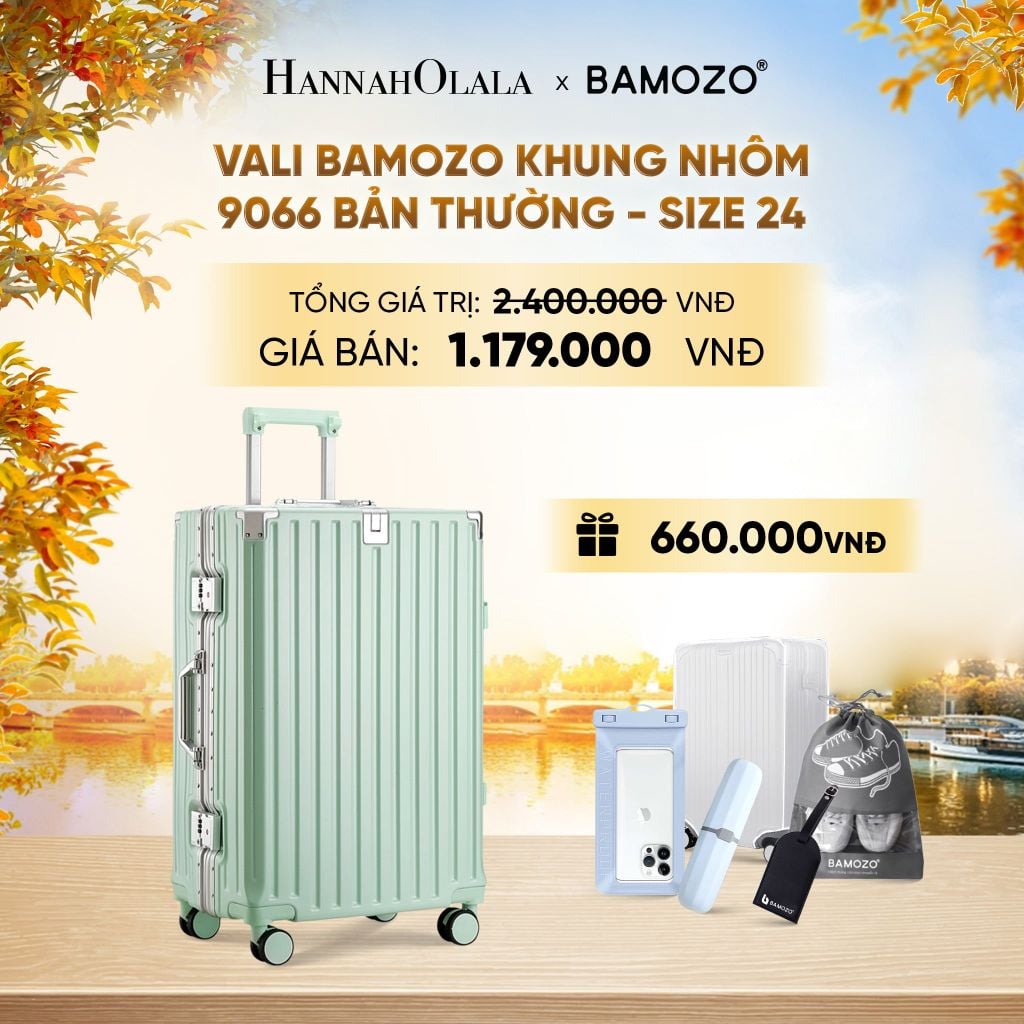  DEAL 3: VALI BAMOZO KHUNG NHÔM 9066 BẢN THƯỜNG (TẶNG BỌC VALI TRONG SUỐT + TAG HÀNH LÝ DA + TÚI ĐỰNG GIÀY + HỘP ĐỰNG BÀN CHẢI + TÚI ĐỰNG ĐIỆN THOẠI CHỐNG NƯỚC) - E1253 
