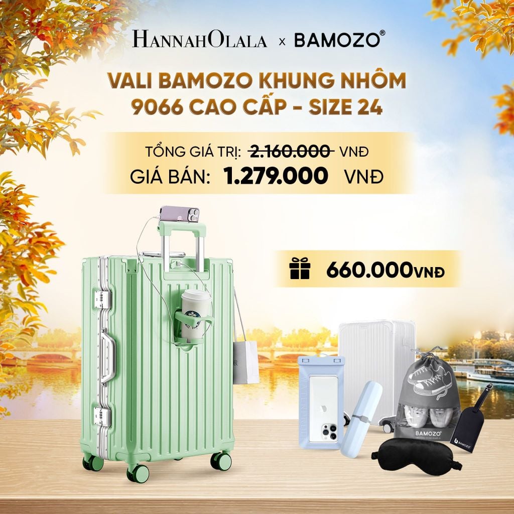  DEAL 2: VALI BAMOZO KHUNG NHÔM 9066 BẢN CAO CẤP (TẶNG BỌC VALI CC TRONG SUỐT + HỘP ĐỰNG BÀN CHẢI + TÚI ĐỰNG GIÀY XÁM + TÚI ĐỰNG ĐIỆN THOẠI CHỐNG NƯỚC + BỊT MẮT) - E1988 