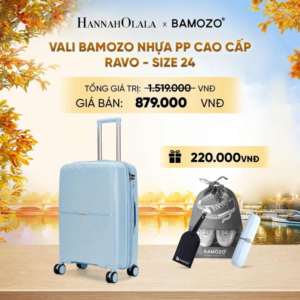  DEAL 6: VALI BAMOZO RAVO NHỰA PP CAO CẤP CHỐNG VỠ (TẶNG THẺ TAG DA CHỐNG THẤT LẠC + TÚI ĐỰNG GIÀY XÁM + HỘP ĐỰNG BÀN CHẢI) - E1290 