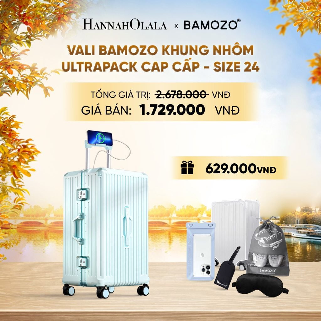  DEAL 4: VALI BAMOZO KHUNG NHÔM ULTRAPACK CAO CẤP (TẶNG TÚI ĐỰNG GIÀY + BỌC VALI CC TRONG SUỐT + THẺ TAG DA CHỐNG THẤT LẠC + BỊT MẮT LỤA + TÚI ĐỰNG ĐIỆN THOẠI CHỐNG NƯỚC) - E1271 