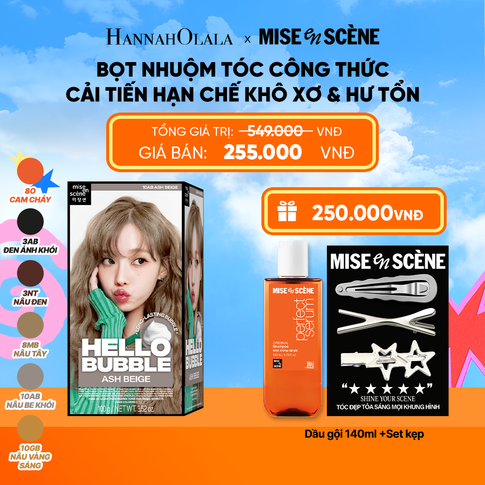  NHUỘM TÓC TẠI NHÀ MISE EN SCÈNE HELLO BUBBLE 100G DẠNG BỌT KEM CÔNG THỨC CẢI TIẾN MỚI HẠN CHẾ KHÔ XƠ VÀ HƯ TỔN_K261 