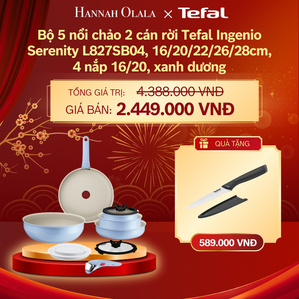  DEAL 12: BỘ 5 NỒI CHẢO 2 CÁN RỜI TEFAL INGENIO SERENITY L827SB04, 16/20/22/26/28CM, 4 NẮP 16/20, XANH DƯƠNG 