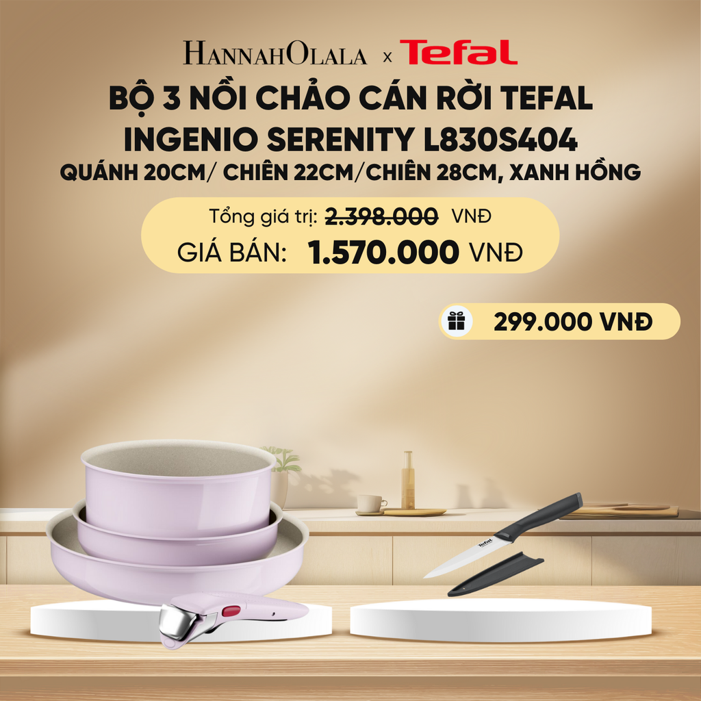  DEAL 11: BỘ 3 NỒI CHẢO CÁN RỜI TEFAL INGENIO SERENITY L827S404, QUÁNH 20CM/ CHIÊN 22CM/CHIÊN 28CM 