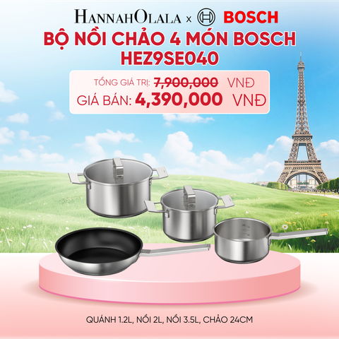  BỘ NỒI CHẢO 4 MÓN BOSCH HEZ9SE040 - QUÁNH 1.2L, NỒI 2L, NỒI 3.5L, CHẢO 24CM - B206 