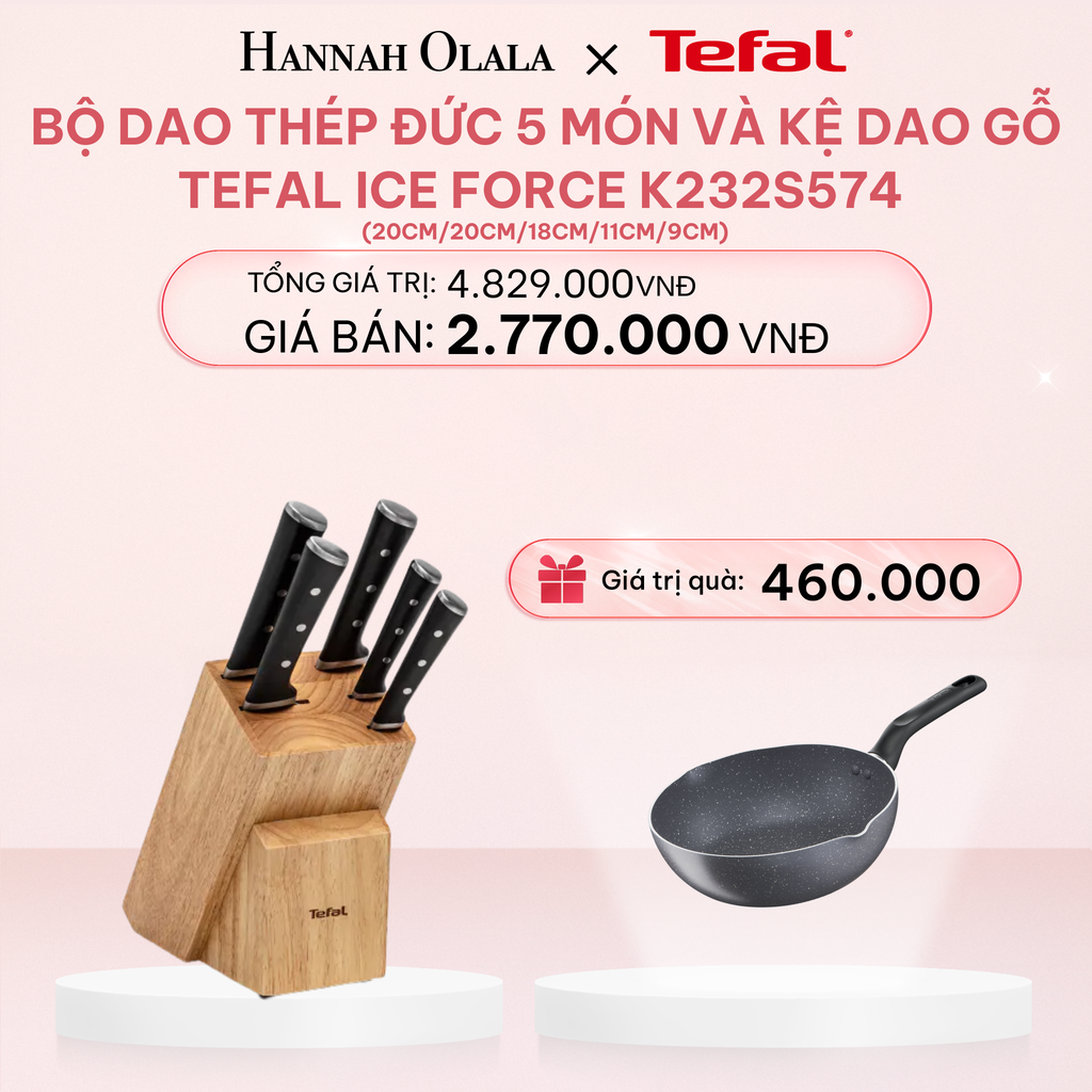  E91_DEAL 12.2: BỘ DAO THÉP ĐỨC 5 MÓN VÀ KỆ DAO GỖ TEFAL ICE FORCE K232S574, 20CM/20CM/18CM/11CM/9CM 
