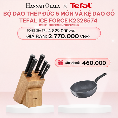  E91_DEAL 12.2: BỘ DAO THÉP ĐỨC 5 MÓN VÀ KỆ DAO GỖ TEFAL ICE FORCE K232S574, 20CM/20CM/18CM/11CM/9CM 