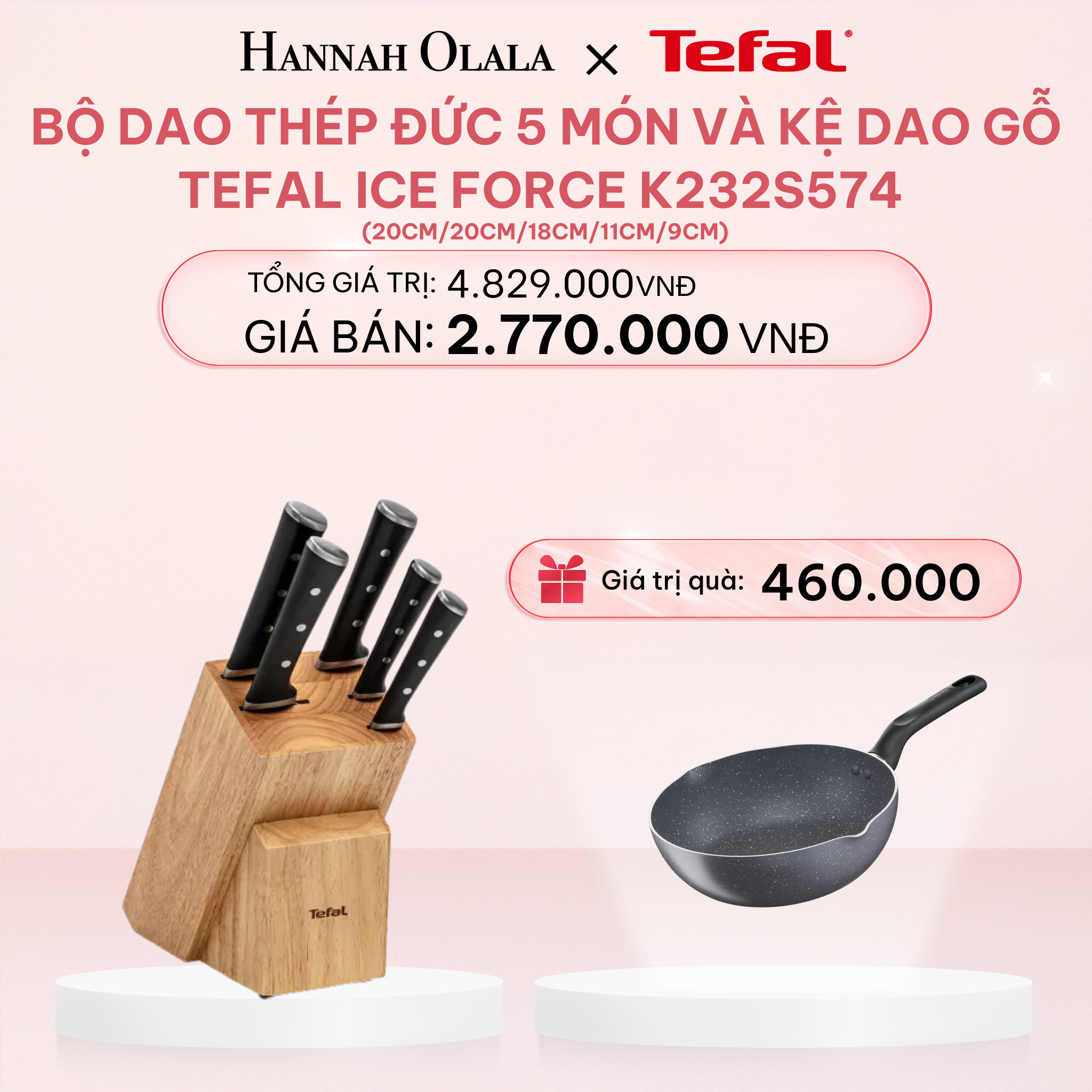  E91_DEAL 12.2: BỘ DAO THÉP ĐỨC 5 MÓN VÀ KỆ DAO GỖ TEFAL ICE FORCE K232S574, 20CM/20CM/18CM/11CM/9CM 