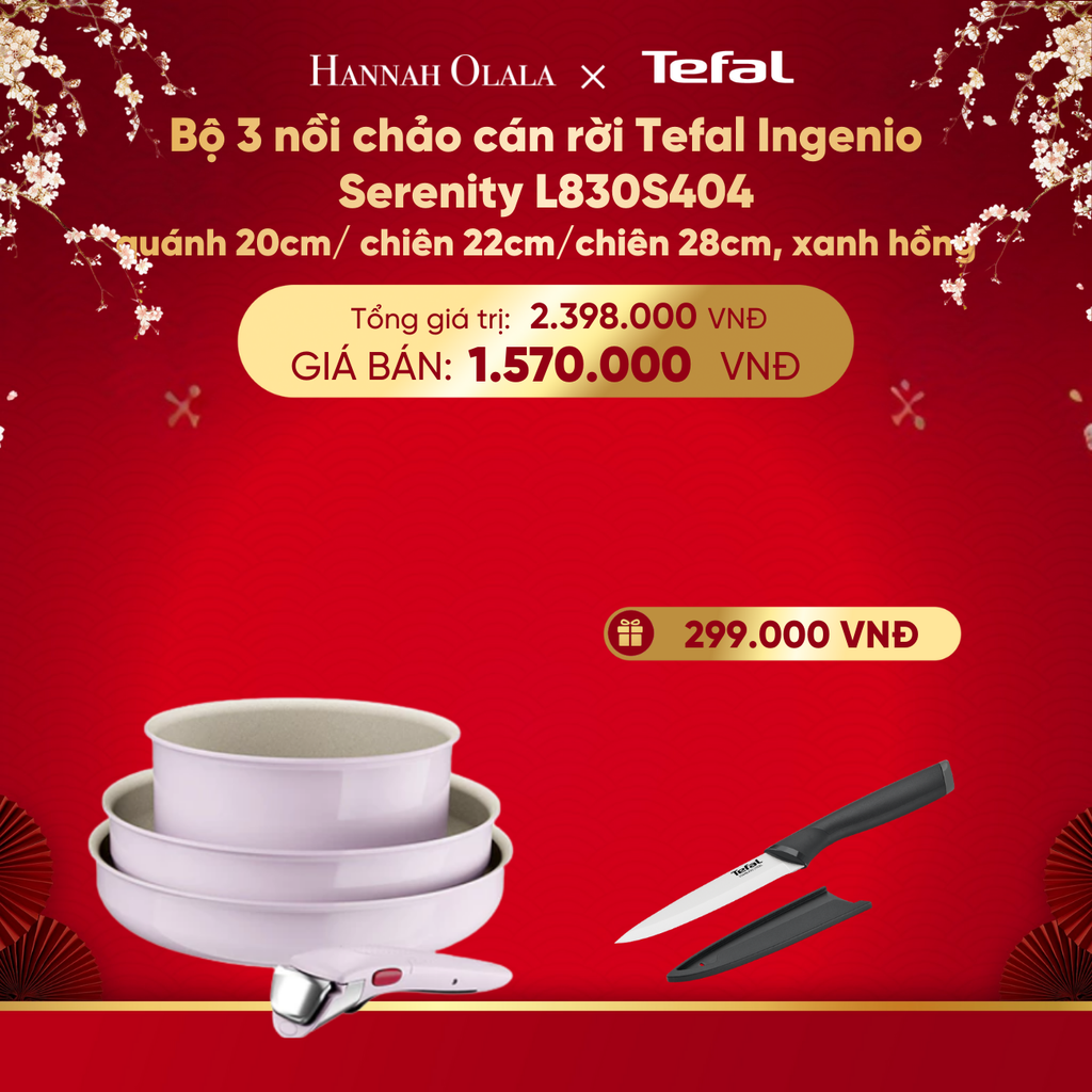  DEAL 11: BỘ 3 NỒI CHẢO CÁN RỜI TEFAL INGENIO SERENITY L827S404, QUÁNH 20CM/ CHIÊN 22CM/CHIÊN 28CM 