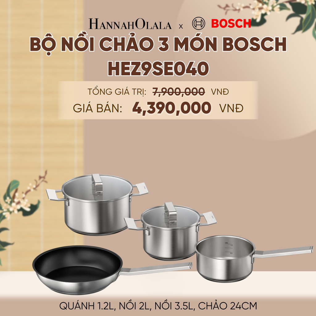  BỘ NỒI CHẢO 4 MÓN BOSCH HEZ9SE040 - QUÁNH 1.2L, NỒI 2L, NỒI 3.5L, CHẢO 24CM - A1301 