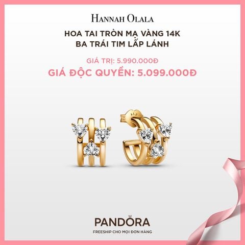 A52_DEAL 45: BÔNG TAI PANDORA TRÒN MẠ VÀNG 14K BA TRÁI TIM LẤP LÁNH 