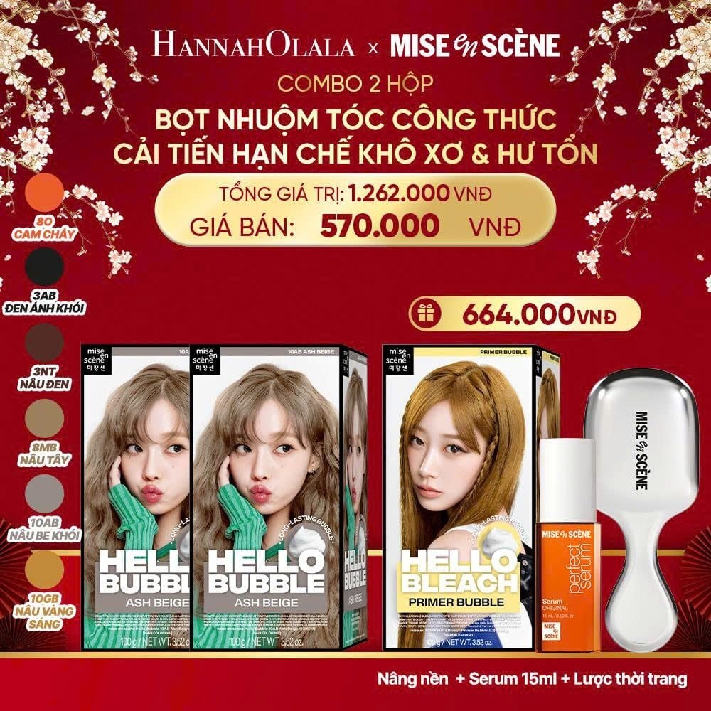  DEAL 4: COMBO 2 x NHUỘM TÓC TẠI NHÀ MISE EN SCÈNE HELLO BUBBLE 100G DẠNG BỌT KEM, CÔNG THỨC CẢI TIẾN MỚI HẠN CHẾ KHÔ XƠ VÀ HƯ TỔN 