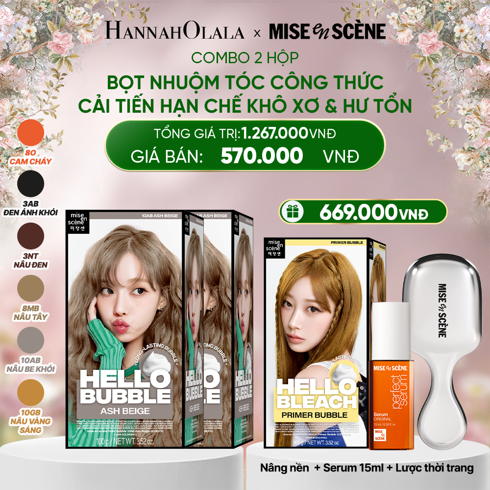  DEAL 4: COMBO 2 x NHUỘM TÓC TẠI NHÀ MISE EN SCÈNE HELLO BUBBLE 100G DẠNG BỌT KEM, CÔNG THỨC CẢI TIẾN MỚI HẠN CHẾ KHÔ XƠ VÀ HƯ TỔN 