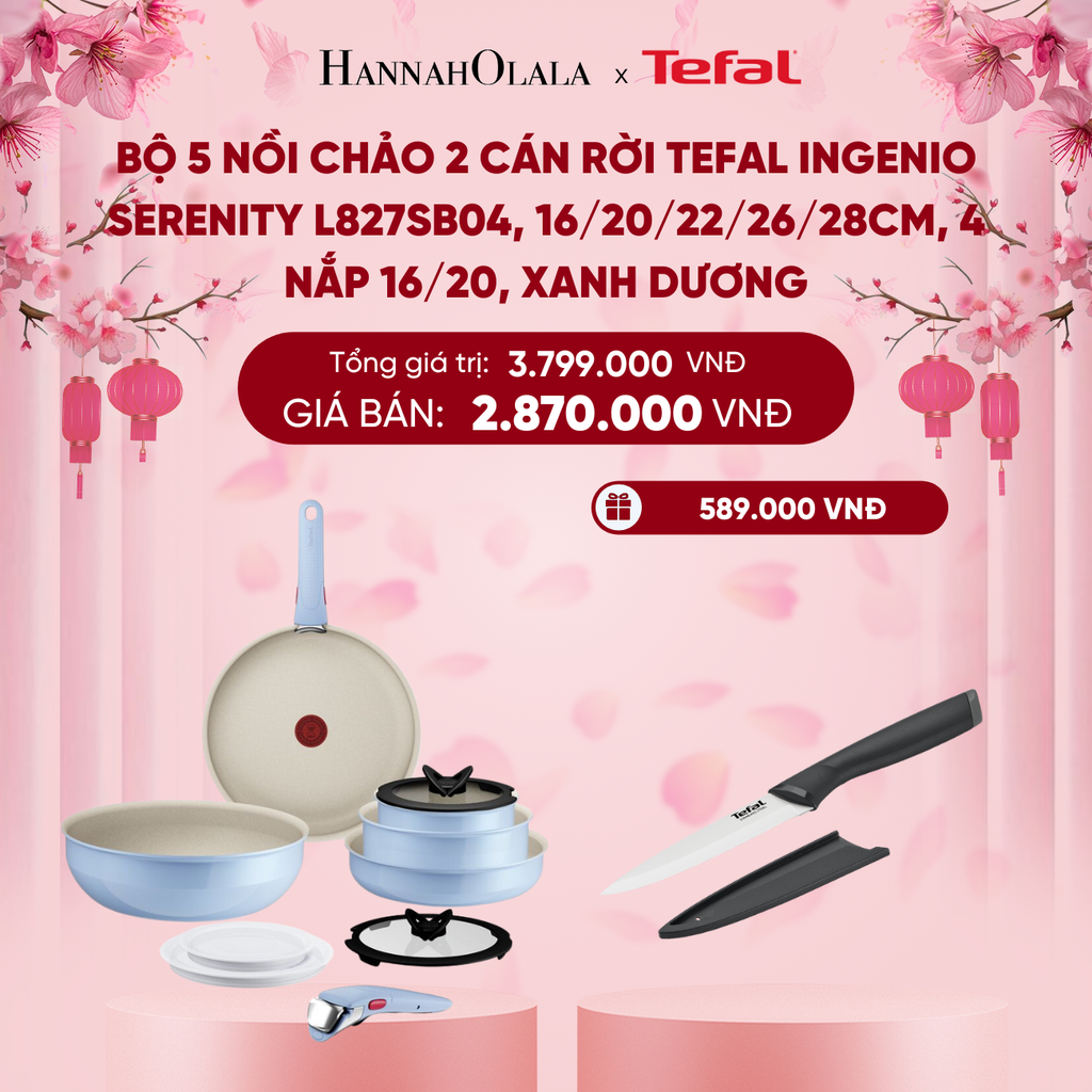  DEAL 12.1: BỘ 5 NỒI CHẢO 2 CÁN RỜI TEFAL INGENIO SERENITY L827SB04, 16/20/22/26/28CM, 4 NẮP 16/20, XANH DƯƠNG 