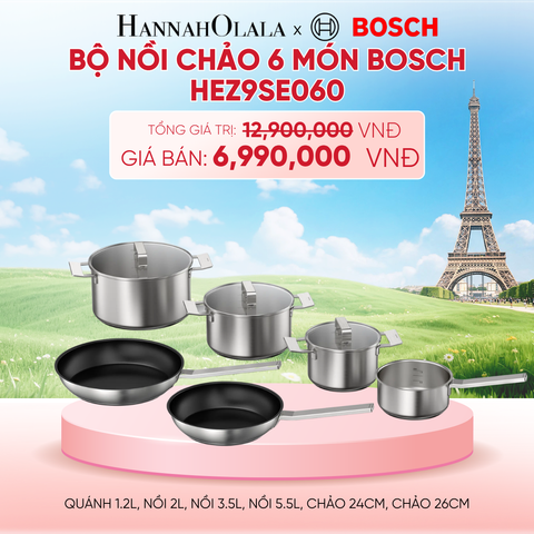  BỘ NỒI CHẢO 6 MÓN BOSCH HEZ9SE060 - QUÁNH 1.2L, NỒI 2L, NỒI 3.5L, NỒI 5.5L, CHẢO 24CM, CHẢO 26CM - B207 
