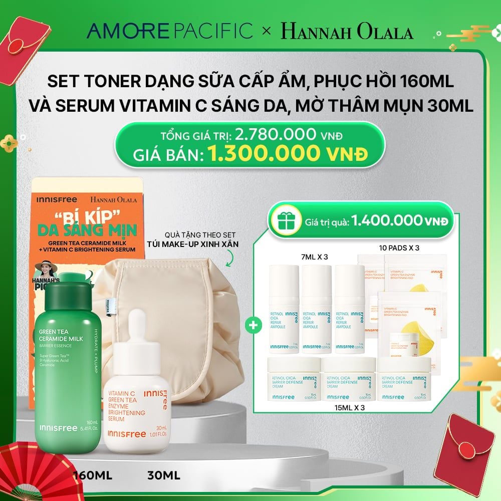  D93_DEAL 12: SET TONER DẠNG SỮA CẤP ẨM, PHỤC HỒI INNISFREE GREEN TEA CERAMIDE MILK 160ML VÀ SERUM VITAMIN C SÁNG DA, MỜ THÂM MỤN INNISFREE GREEN TEA ENZYME BRIGHTENING SERUM 30ML 