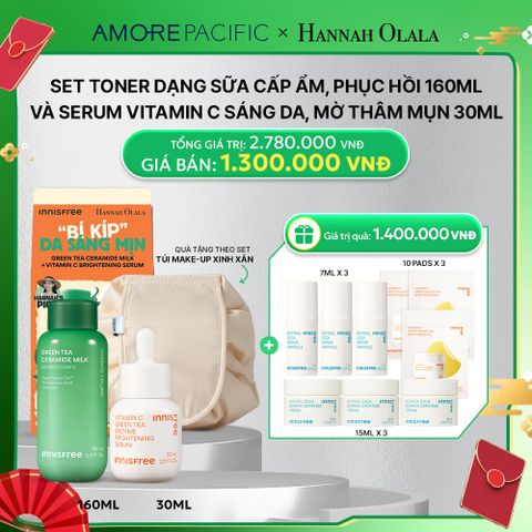  D93_DEAL 12: SET TONER DẠNG SỮA CẤP ẨM, PHỤC HỒI INNISFREE GREEN TEA CERAMIDE MILK 160ML VÀ SERUM VITAMIN C SÁNG DA, MỜ THÂM MỤN INNISFREE GREEN TEA ENZYME BRIGHTENING SERUM 30ML 