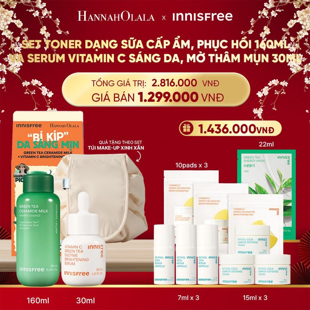  DEAL 12: SET TONER DẠNG SỮA CẤP ẨM, PHỤC HỒI INNISFREE GREEN TEA CERAMIDE MILK 160ML VÀ SERUM VITAMIN C SÁNG DA, MỜ THÂM MỤN INNISFREE GREEN TEA ENZYME BRIGHTENING SERUM 30ML 
