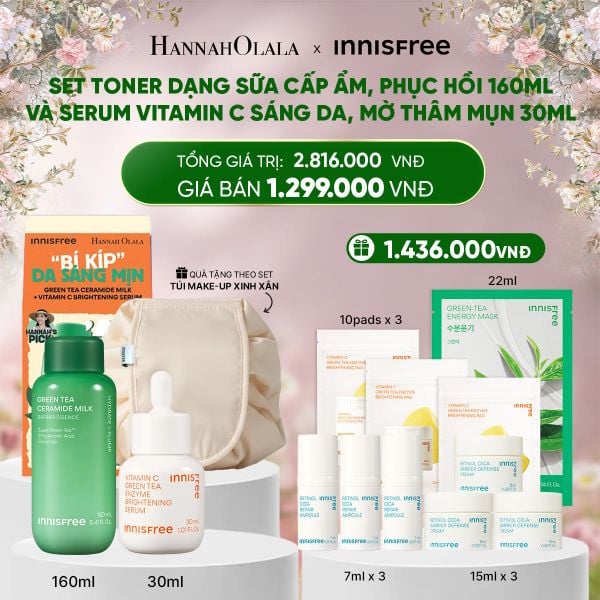  DEAL 12: SET TONER DẠNG SỮA CẤP ẨM, PHỤC HỒI INNISFREE GREEN TEA CERAMIDE MILK 160ML VÀ SERUM VITAMIN C SÁNG DA, MỜ THÂM MỤN INNISFREE GREEN TEA ENZYME BRIGHTENING SERUM 30ML 