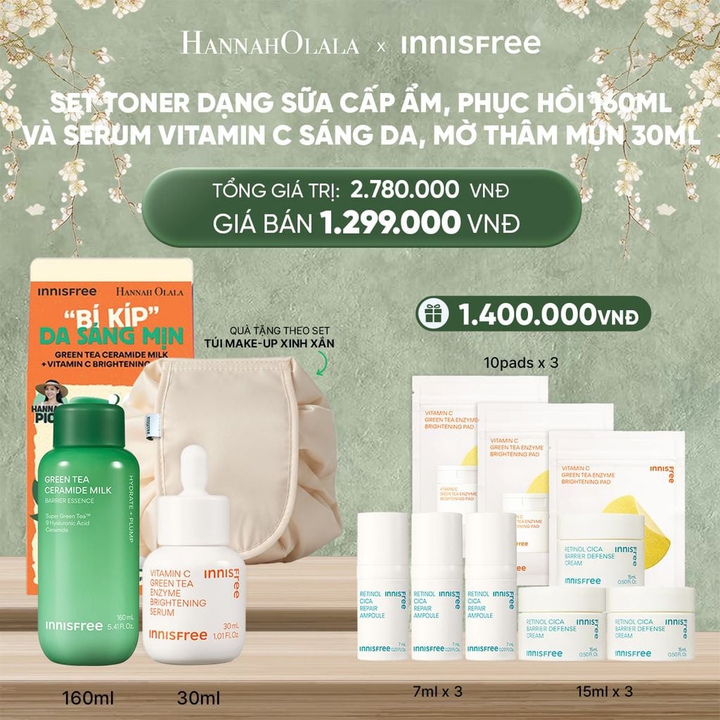  DEAL 12: SET TONER DẠNG SỮA CẤP ẨM, PHỤC HỒI INNISFREE GREEN TEA CERAMIDE MILK 160ML VÀ SERUM VITAMIN C SÁNG DA, MỜ THÂM MỤN INNISFREE GREEN TEA ENZYME BRIGHTENING SERUM 30ML 