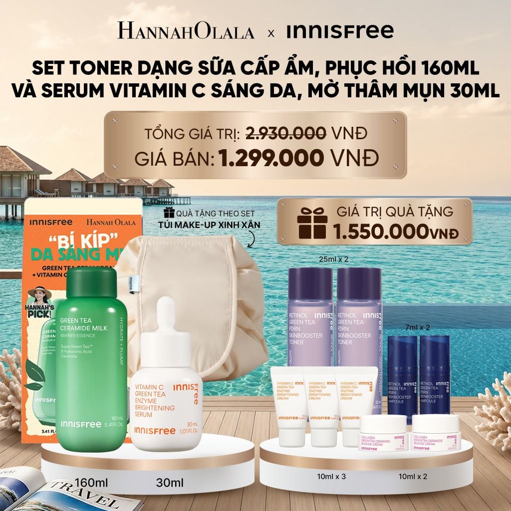  SET TONER DẠNG SỮA CẤP ẨM, PHỤC HỒI INNISFREE GREEN TEA CERAMIDE MILK 160ML VÀ SERUM VITAMIN C SÁNG DA, MỜ THÂM MỤN INNISFREE GREEN TEA ENZYME BRIGHTENING SERUM 30ML_ D504 