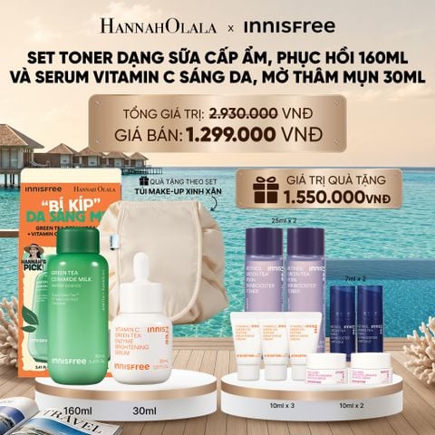  SET TONER DẠNG SỮA CẤP ẨM, PHỤC HỒI INNISFREE GREEN TEA CERAMIDE MILK 160ML VÀ SERUM VITAMIN C SÁNG DA, MỜ THÂM MỤN INNISFREE GREEN TEA ENZYME BRIGHTENING SERUM 30ML_ D504 