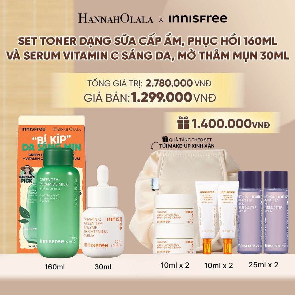  SET TONER DẠNG SỮA CẤP ẨM PHỤC HỒI INNISFREE GREEN TEA CERAMIDE MILK 160ML VÀ SERUM VITAMIN C SÁNG DA MỜ THÂM MỤN INNISFREE GREEN TEA ENZYME BRIGHTENING SERUM 30ML - A529 