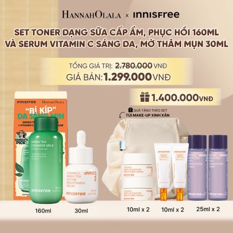 SET TONER DẠNG SỮA CẤP ẨM PHỤC HỒI INNISFREE GREEN TEA CERAMIDE MILK 160ML VÀ SERUM VITAMIN C SÁNG DA MỜ THÂM MỤN INNISFREE GREEN TEA ENZYME BRIGHTENING SERUM 30ML - A529 