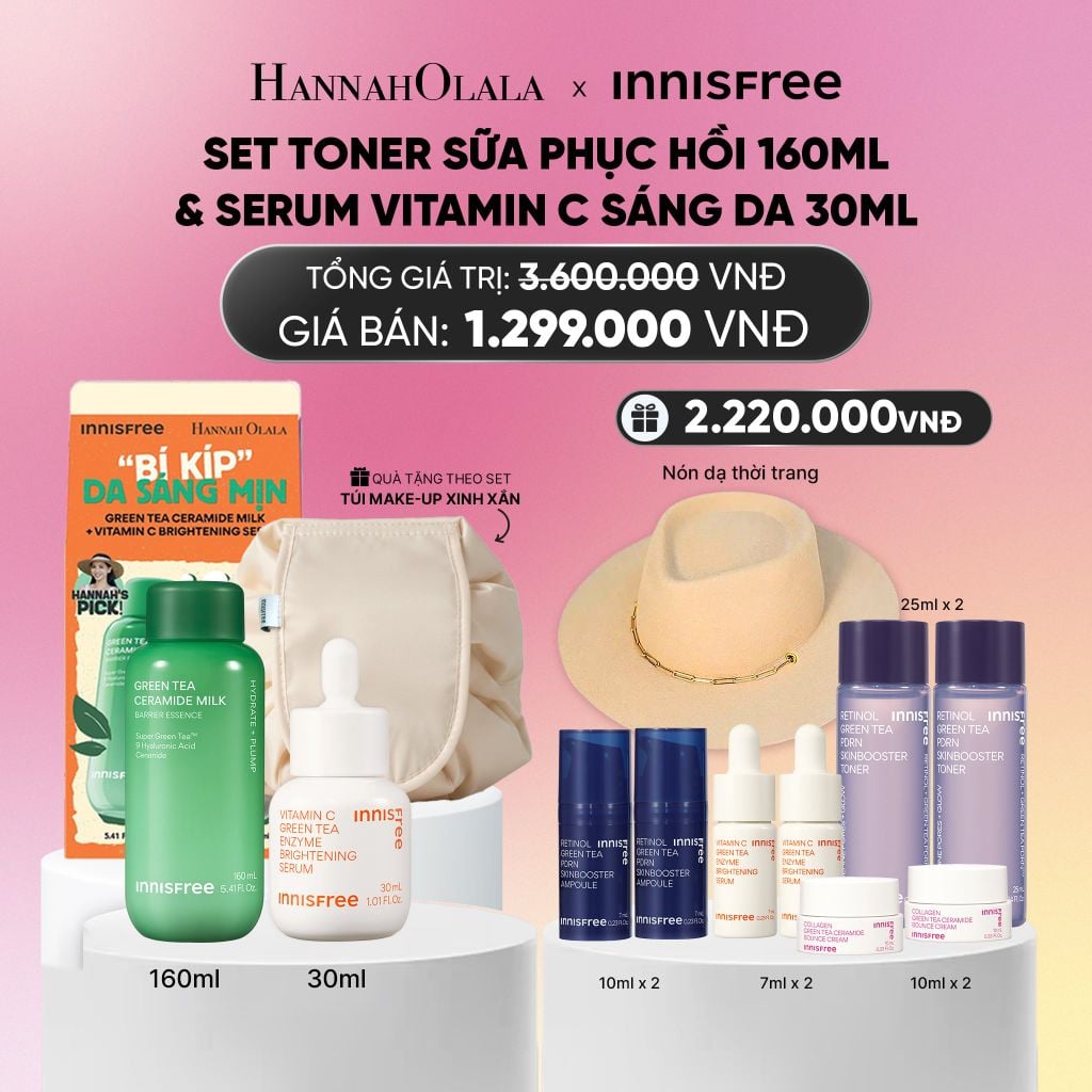  SET TONER DẠNG SỮA CẤP ẨM, PHỤC HỒI INNISFREE GREEN TEA CERAMIDE MILK 160ML VÀ SERUM VITAMIN C SÁNG DA, MỜ THÂM MỤN INNISFREE GREEN TEA ENZYME BRIGHTENING SERUM 30ML_A1414 
