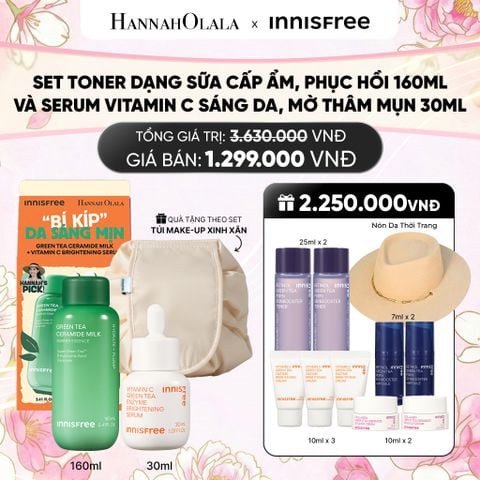  SET TONER DẠNG SỮA CẤP ẨM, PHỤC HỒI INNISFREE GREEN TEA CERAMIDE MILK 160ML VÀ SERUM VITAMIN C SÁNG DA, MỜ THÂM MỤN INNISFREE GREEN TEA ENZYME BRIGHTENING SERUM 30ML 