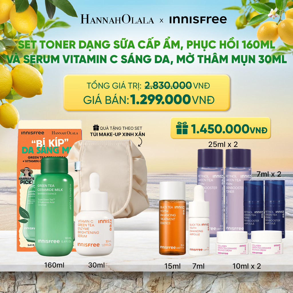  SET TONER DẠNG SỮA CẤP ẨM PHỤC HỒI INNISFREE GREEN TEA CERAMIDE MILK 160ML VÀ SERUM VITAMIN C SÁNG DA MỜ THÂM MỤN INNISFREE GREEN TEA ENZYME BRIGHTENING SERUM 30ML 