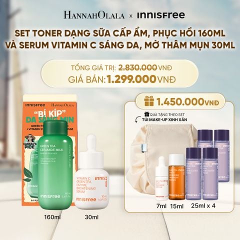  SET TONER DẠNG SỮA CẤP ẨM PHỤC HỒI INNISFREE GREEN TEA CERAMIDE MILK 160ML VÀ SERUM VITAMIN C SÁNG DA MỜ THÂM MỤN INNISFREE GREEN TEA ENZYME BRIGHTENING SERUM 30ML - A1383 