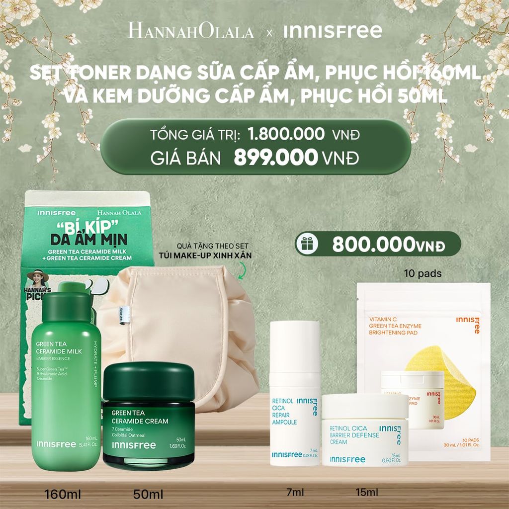  DEAL 13: SET TONER DẠNG SỮA CẤP ẨM, PHỤC HỒI INNISFREE GREEN TEA CERAMIDE MILK 160ML VÀ KEM DƯỠNG CẤP ẨM, PHỤC HỒI INNISFREE GREEN TEA CERAMIDE CREAM 50ML 