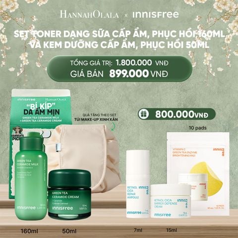  DEAL 13: SET TONER DẠNG SỮA CẤP ẨM, PHỤC HỒI INNISFREE GREEN TEA CERAMIDE MILK 160ML VÀ KEM DƯỠNG CẤP ẨM, PHỤC HỒI INNISFREE GREEN TEA CERAMIDE CREAM 50ML 