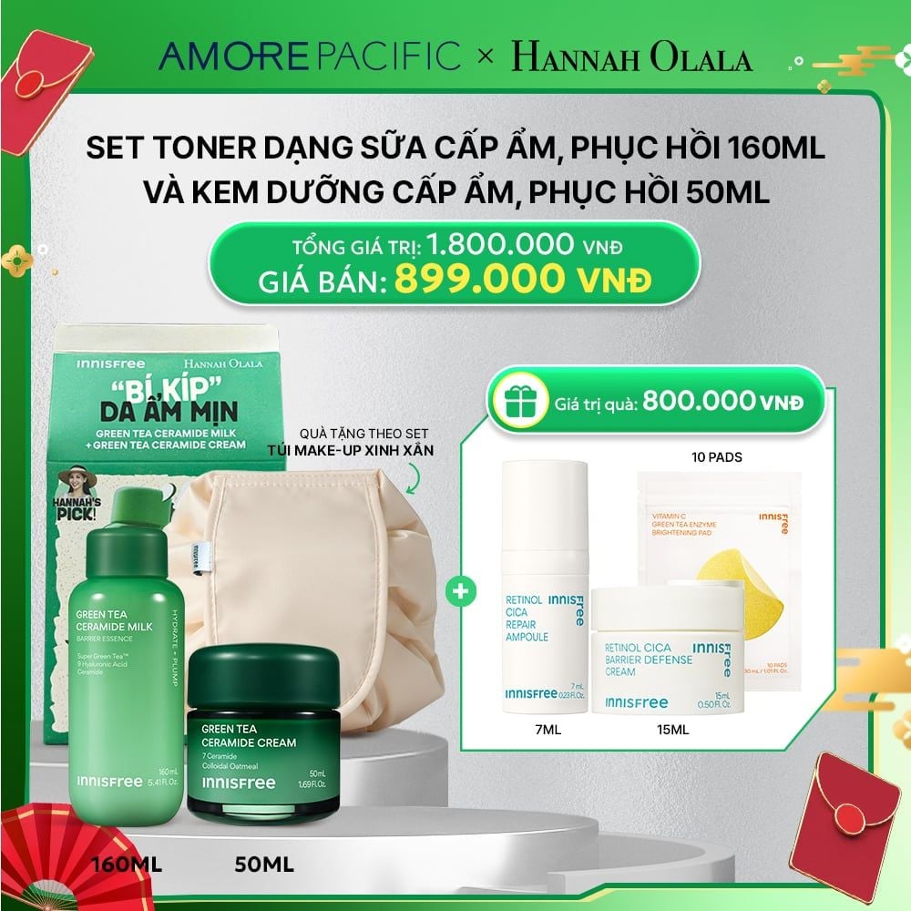  D94_DEAL 13: SET TONER DẠNG SỮA CẤP ẨM, PHỤC HỒI INNISFREE GREEN TEA CERAMIDE MILK 160ML VÀ KEM DƯỠNG CẤP ẨM, PHỤC HỒI INNISFREE GREEN TEA CERAMIDE CREAM 50ML 