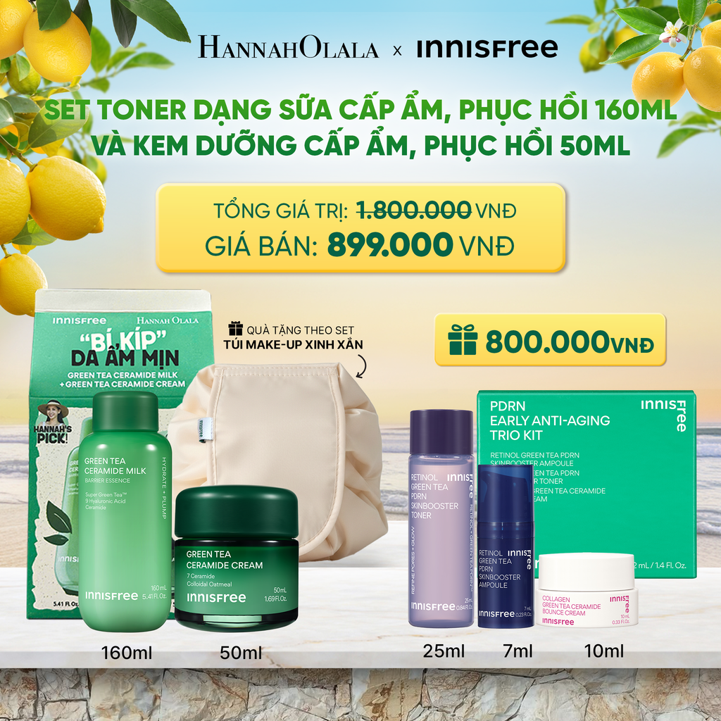  SET TONER DẠNG SỮA CẤP ẨM PHỤC HỒI INNISFREE GREEN TEA CERAMIDE MILK 160ML VÀ KEM DƯỠNG CẤP ẨM PHỤC HỒI INNISFREE GREEN TEA CERAMIDE CREAM 50ML 