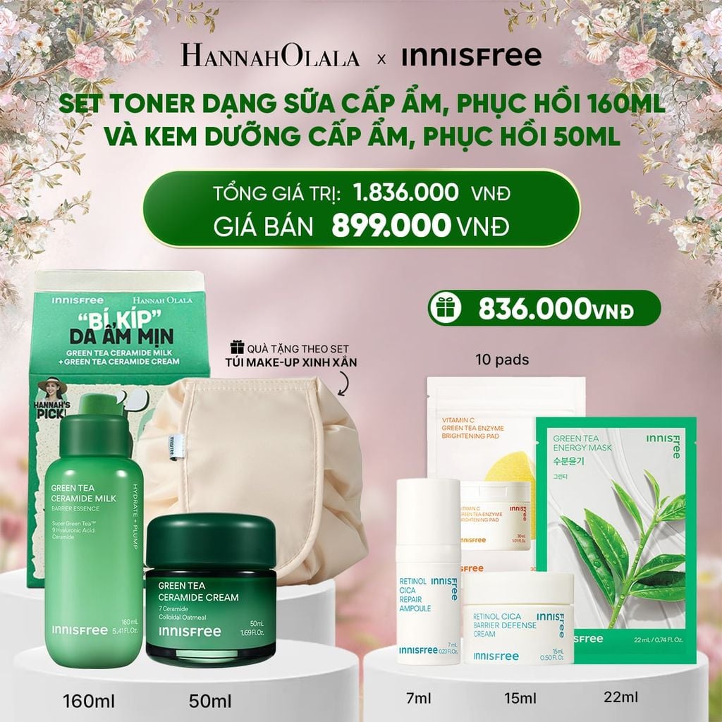  DEAL 13: SET TONER DẠNG SỮA CẤP ẨM, PHỤC HỒI INNISFREE GREEN TEA CERAMIDE MILK 160ML VÀ KEM DƯỠNG CẤP ẨM, PHỤC HỒI INNISFREE GREEN TEA CERAMIDE CREAM 50ML 