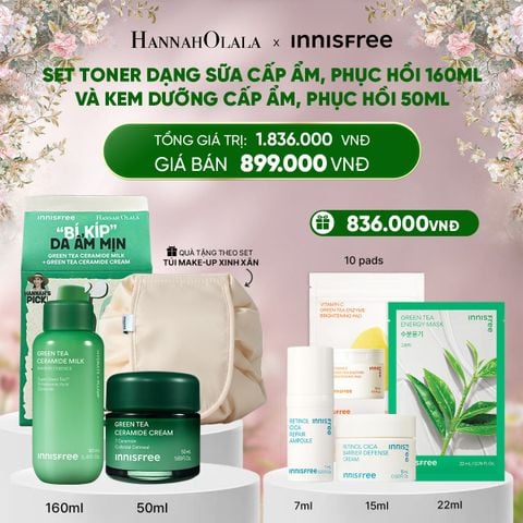  DEAL 13: SET TONER DẠNG SỮA CẤP ẨM, PHỤC HỒI INNISFREE GREEN TEA CERAMIDE MILK 160ML VÀ KEM DƯỠNG CẤP ẨM, PHỤC HỒI INNISFREE GREEN TEA CERAMIDE CREAM 50ML 