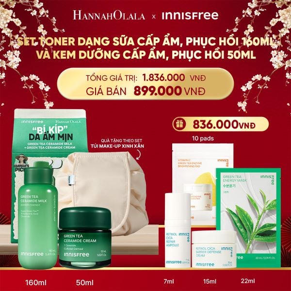  DEAL 13: SET TONER DẠNG SỮA CẤP ẨM, PHỤC HỒI INNISFREE GREEN TEA CERAMIDE MILK 160ML VÀ KEM DƯỠNG CẤP ẨM, PHỤC HỒI INNISFREE GREEN TEA CERAMIDE CREAM 50ML 